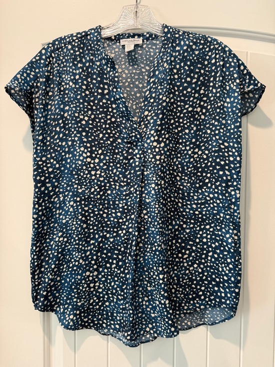 Caslon Tops - Carolina Belle Blue and Tan Printed V-Neck Cap Sleeve Top